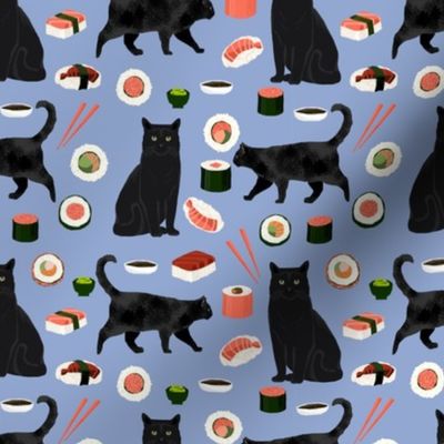 black cat sushi fabric cute cats and food fabric design - powder blue