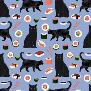 black cat sushi fabric cute cats and food fabric design - powder blue