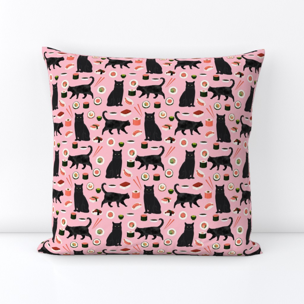 black cat sushi fabric cute cats and food fabric design - pink