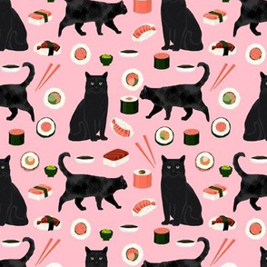 black cat sushi fabric cute cats and food fabric design - pink