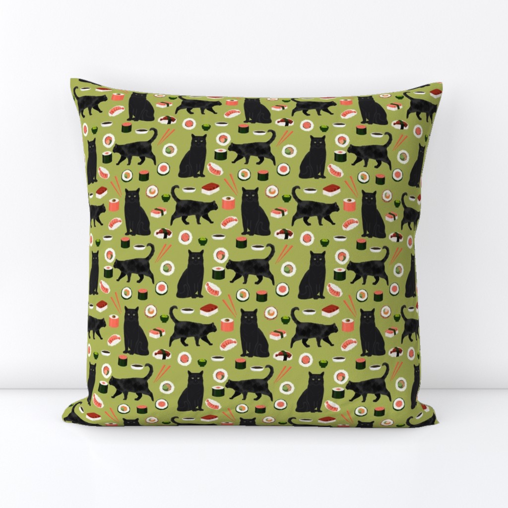 black cat sushi fabric cute cats and food fabric design - lime green