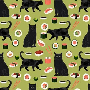 black cat sushi fabric cute cats and food fabric design - lime green