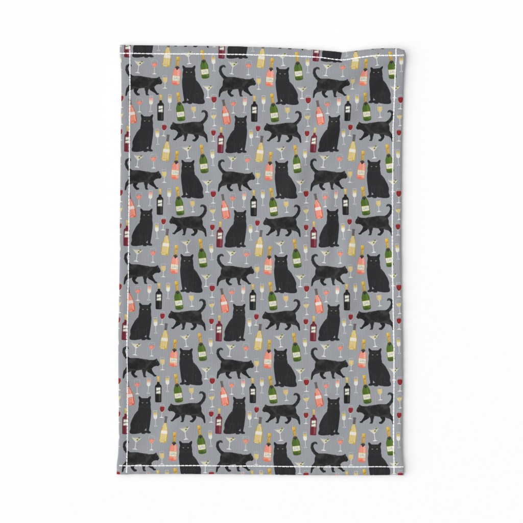 black cat wine fabric cute rose  and cats fabric kitty cat fabric cat lady fabric - grey