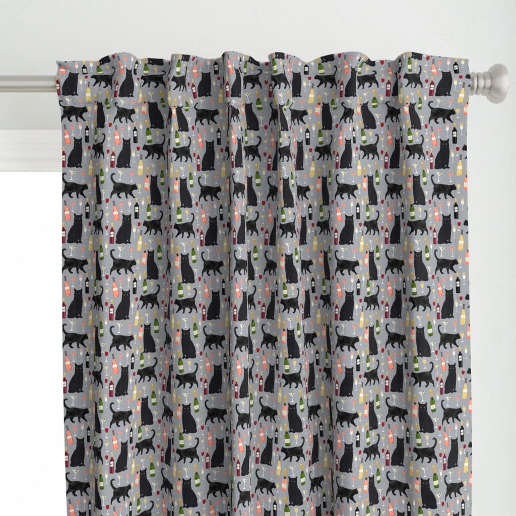 black cat wine fabric cute rose  and cats fabric kitty cat fabric cat lady fabric - grey