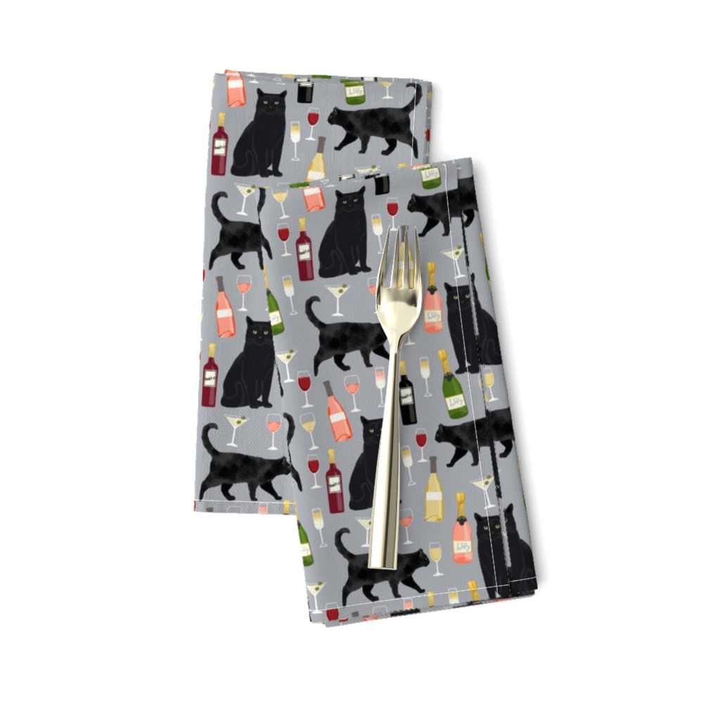 black cat wine fabric cute rose  and cats fabric kitty cat fabric cat lady fabric - grey