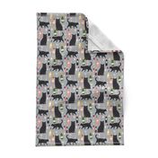 black cat wine fabric cute rose  and cats fabric kitty cat fabric cat lady fabric - grey