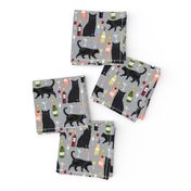 black cat wine fabric cute rose  and cats fabric kitty cat fabric cat lady fabric - grey