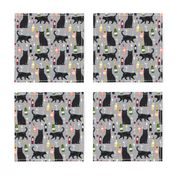 black cat wine fabric cute rose  and cats fabric kitty cat fabric cat lady fabric - grey