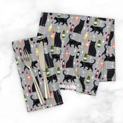 black cat wine fabric cute rose  and cats fabric kitty cat fabric cat lady fabric - grey