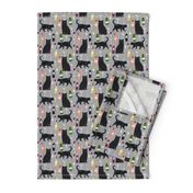 black cat wine fabric cute rose  and cats fabric kitty cat fabric cat lady fabric - grey