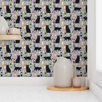 black cat wine fabric cute rose  and cats fabric kitty cat fabric cat lady fabric - grey