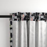 black cat wine fabric cute rose  and cats fabric kitty cat fabric cat lady fabric - grey