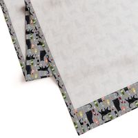 black cat wine fabric cute rose  and cats fabric kitty cat fabric cat lady fabric - grey