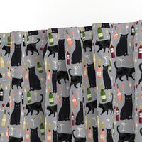 black cat wine fabric cute rose  and cats fabric kitty cat fabric cat lady fabric - grey