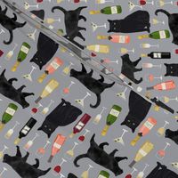 black cat wine fabric cute rose  and cats fabric kitty cat fabric cat lady fabric - grey