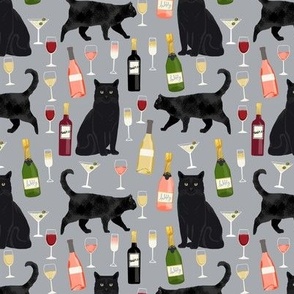 black cat wine fabric cute rose  and cats fabric kitty cat fabric cat lady fabric - grey