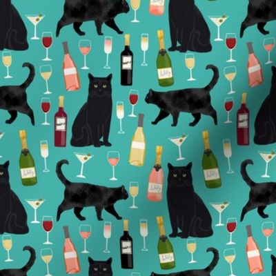 black cat wine fabric cute rose  and cats fabric kitty cat fabric cat lady fabric - turquoise