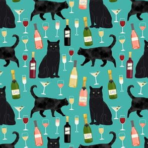 black cat wine fabric cute rose  and cats fabric kitty cat fabric cat lady fabric - turquoise