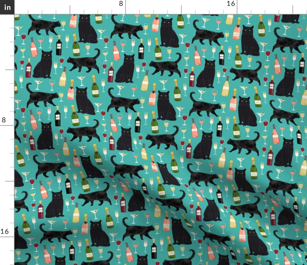 black cat wine fabric cute rose  and cats fabric kitty cat fabric cat lady fabric - turquoise