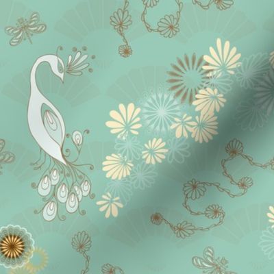 Peacocks and Dragonflies on Teal