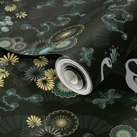 Peacocks and Dragonflies on Dark Green