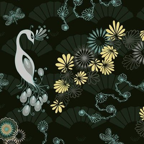 Peacocks and Dragonflies on Dark Green