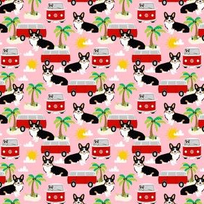 tri corgi summer beach fabric - surfing, dog, palm trees - pink