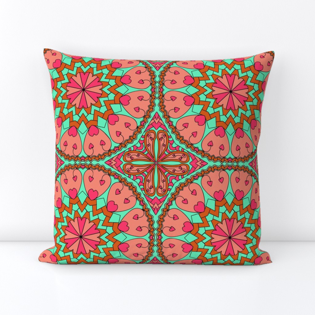 Coral Turquoise Heart Mandala Black Outlines