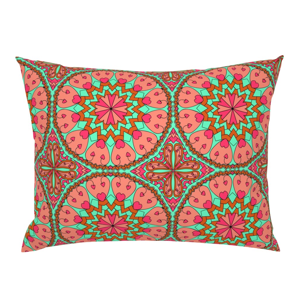 Coral Turquoise Heart Mandala Black Outlines