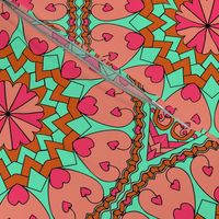 Coral Turquoise Heart Mandala Black Outlines