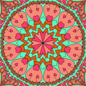 Coral Turquoise Heart Mandala Black Outlines