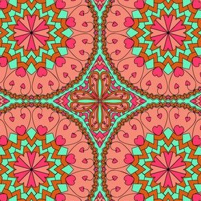 Coral Heart Mandala with Black Outlines