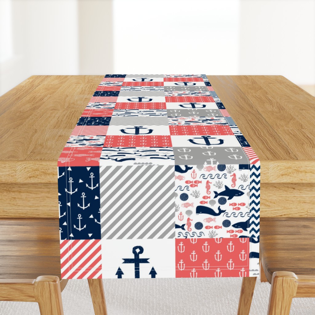 anchor nautical cheater quilt coral, navy and grey cheater quilt