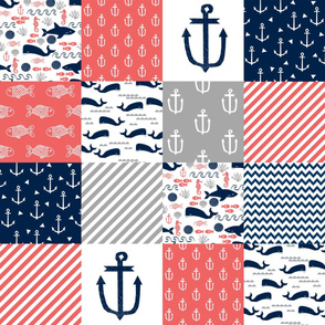 anchor nautical cheater quilt coral, navy and grey cheater quilt