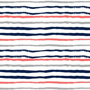 painted stripes coral, navy and grey stripe fabric interior design nautical preppy style