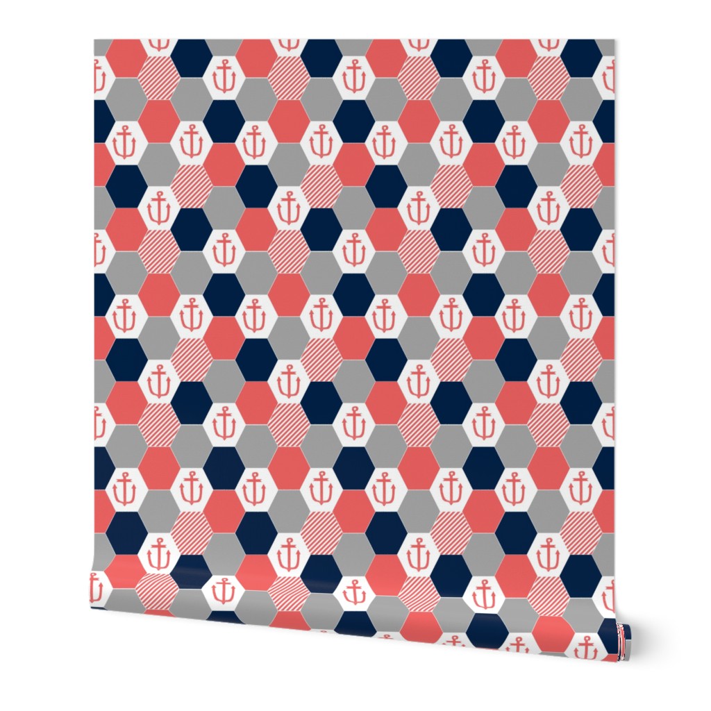 anchor cheater quilt hexagon cheater quilt hexie quilt coral and navy nautical theme