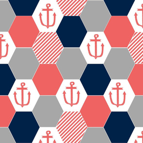 anchor cheater quilt hexagon cheater quilt hexie quilt coral and navy nautical theme