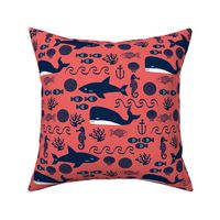 coral and navy ocean animals fabric nursery baby design