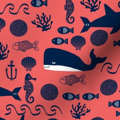 coral and navy ocean animals fabric nursery baby design