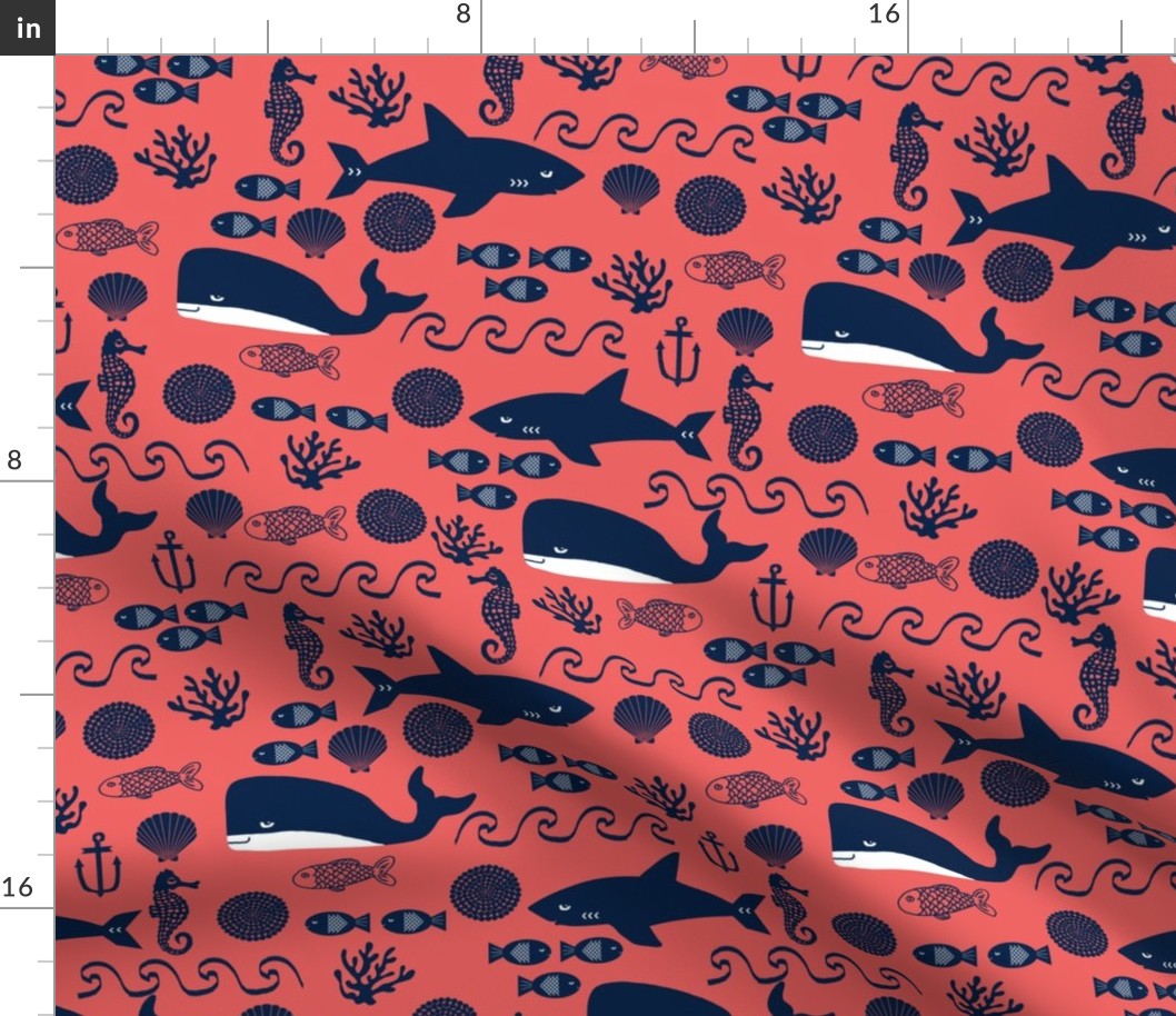 coral and navy ocean animals fabric nursery baby design