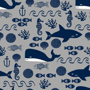 navy and grey ocean animals fabric nursery nautical design