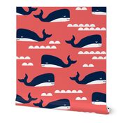 coral and navy whales fabric nursery nautical design