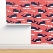 coral and navy whales fabric nursery nautical design