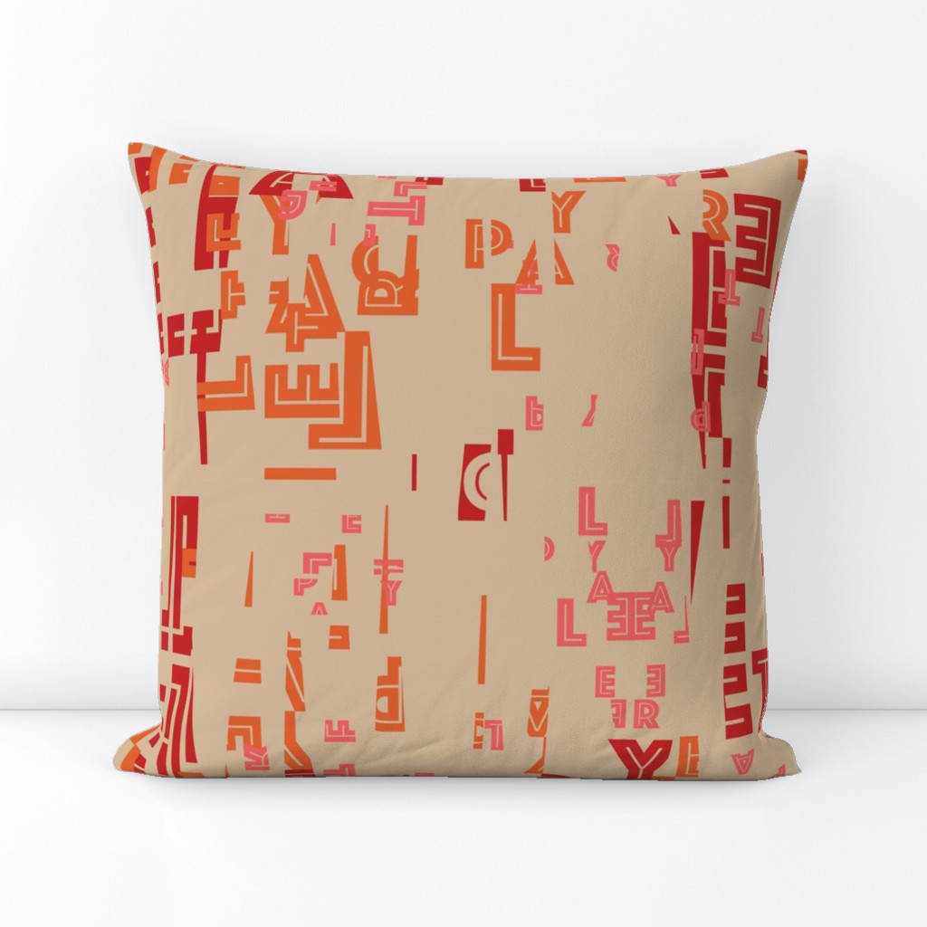 letter play - wordy red/orange/pink on camel