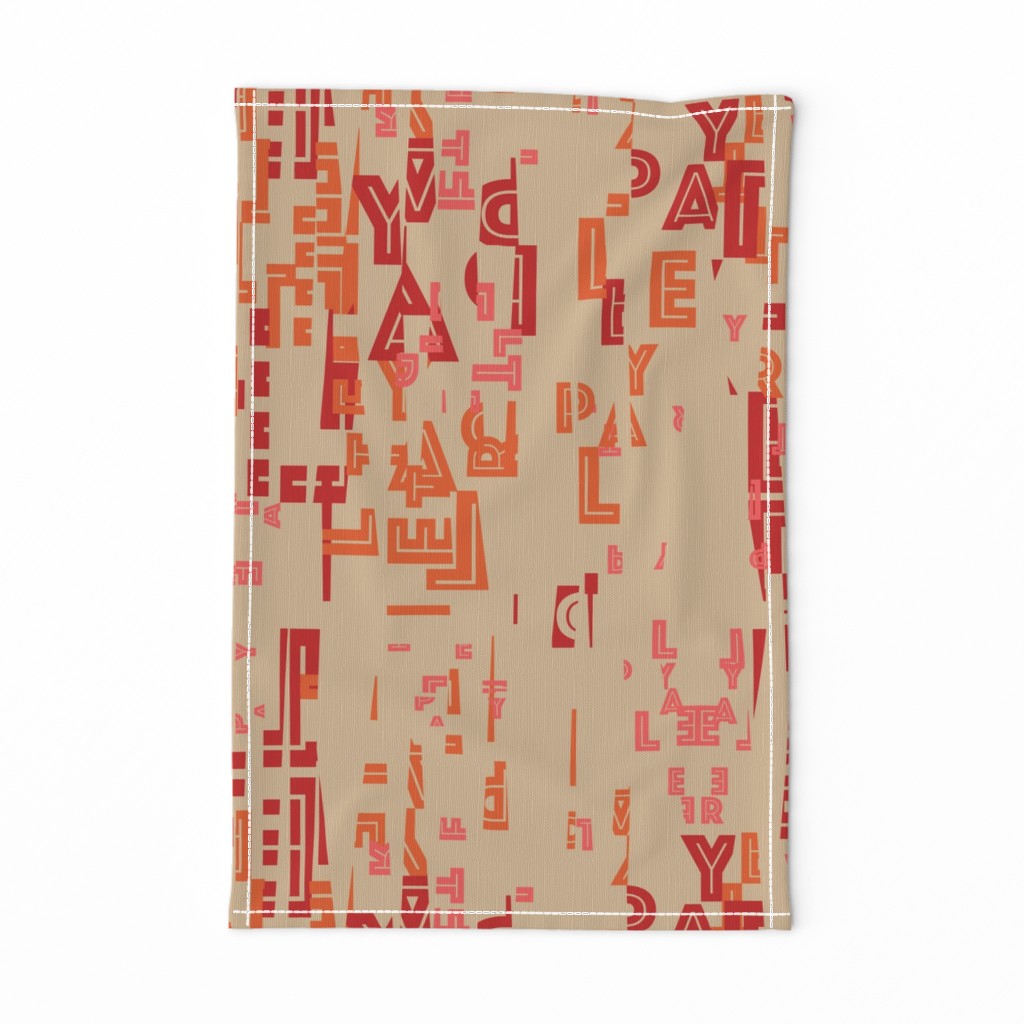 letter play - wordy red/orange/pink on camel