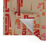 letter play - wordy red/orange/pink on camel