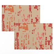 letter play - wordy red/orange/pink on camel