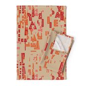 letter play - wordy red/orange/pink on camel