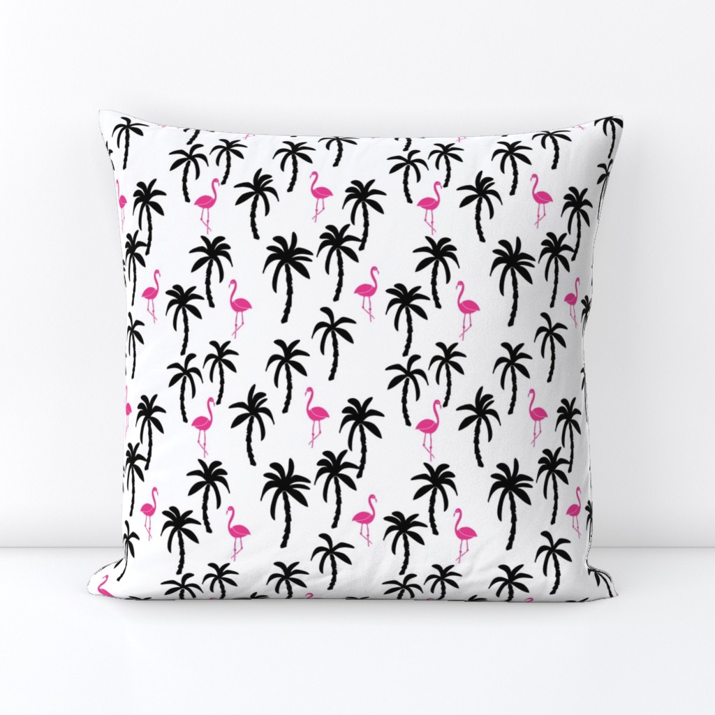 palm tree fabric // flamingo summer tropical print - black and pink