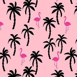 palm tree fabric // flamingo summer tropical print - pink and black